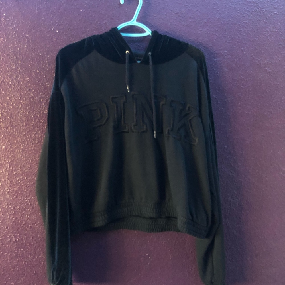Velvet PINK Cropped Black Hoodie